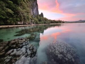 A dramatic sunset silhouette reflected across calm water